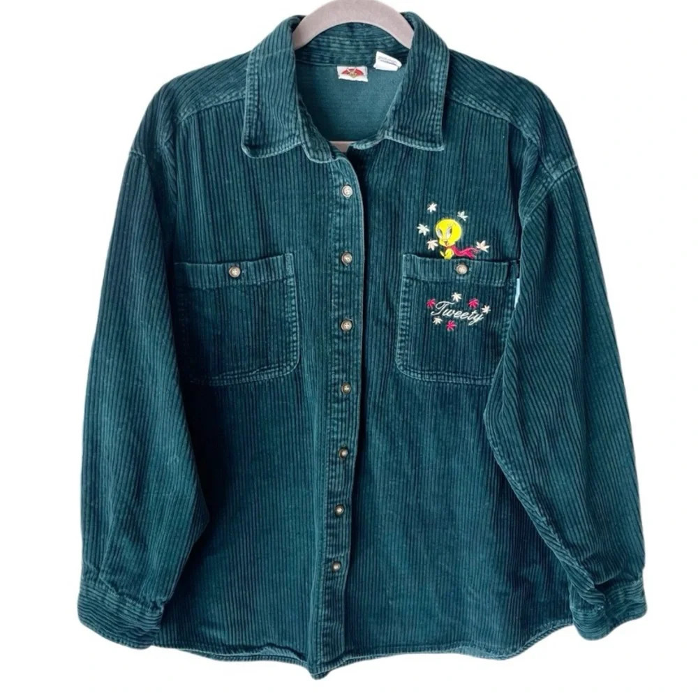 Looney Tunes Shirt Women's XL Tweety Bird Corduroy Button Down Vintage 90s Y2K